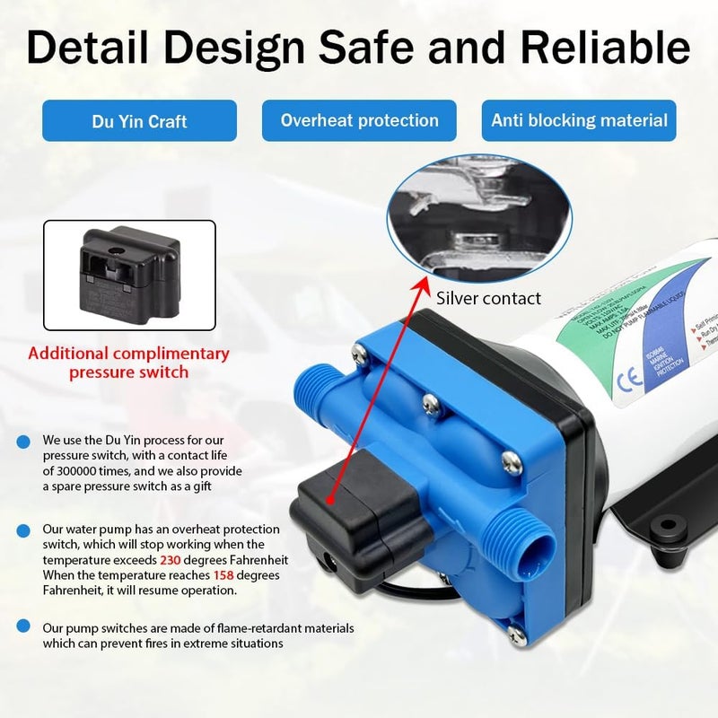 YCHAOFLO 110V AC electric high-pressure self-priming diaphragm pump, Equipped with pressure switch，5.5GPM, 70Psi, for RV Marine Yacht Lawn Garden - Image 5